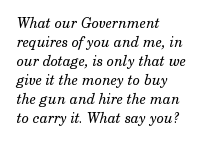 What our Government requires of you and me, in our dotage, is only that we give it the money to buy the gun and hire the man to carry it. What say you?