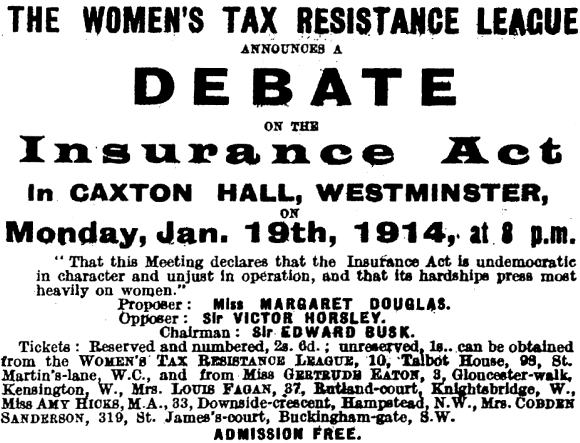 The Women’s Tax Resistance League Announces a Debate on the Insurance Act